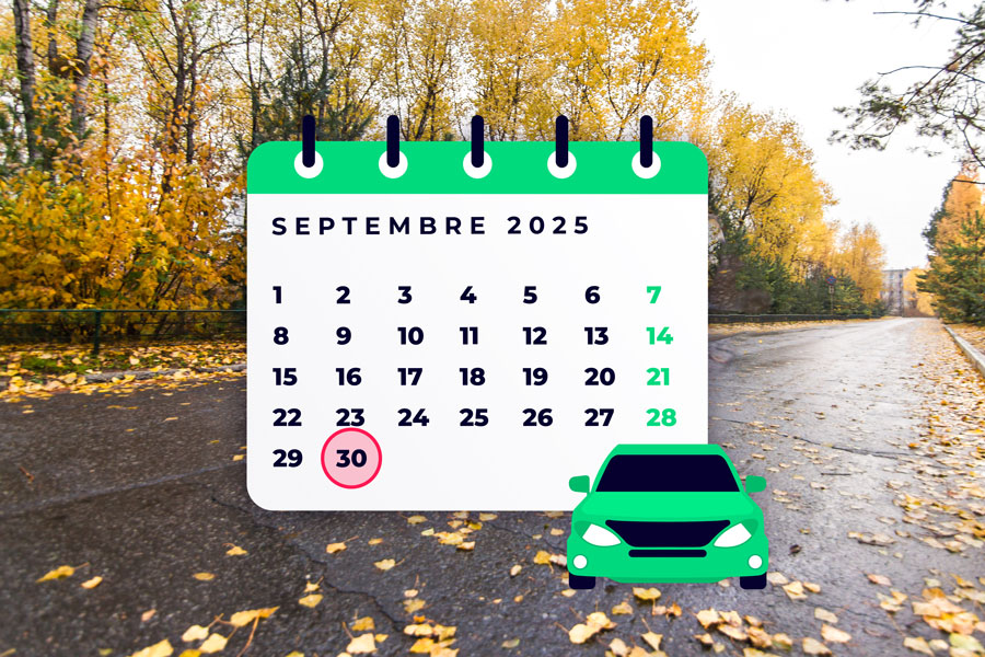 Illustration de calendrier septembre 2025 avec le 30 entouré, une voiture faible émission et une photo de route en automne.