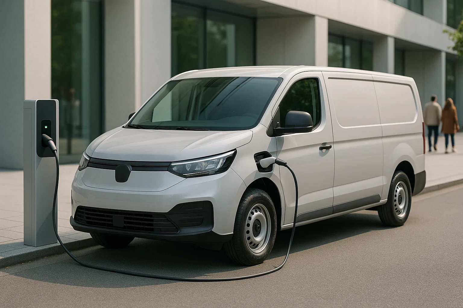 VUL Vehicule utilitaire électrique se rechargeant à une borne de recharge en milieu urbain