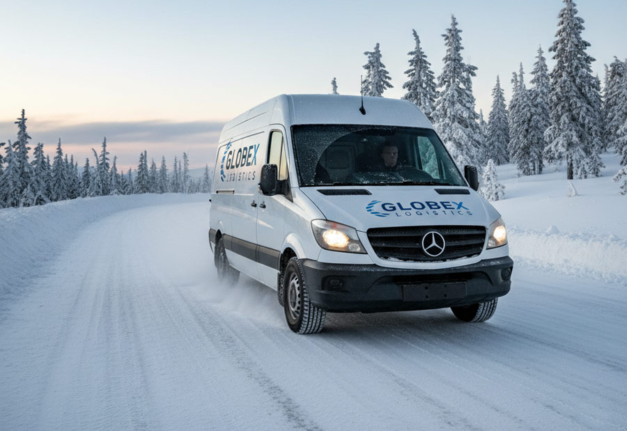 Un véhicule de société sur route de montagne enneigée, pneus hiver visibles, ciel froid et clair.