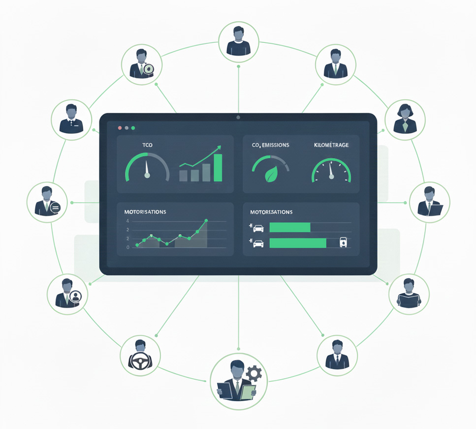 tableau de bord de gestion de flotte automobile, analyse des indicateurs clairs, gestionnaire, conducteurs, dirigeant.