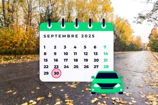Illustration de calendrier septembre 2025 avec le 30 entouré, une voiture faible émission et une photo de route en automne.